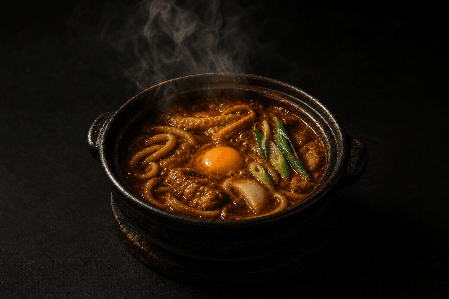 湯気立つ味噌煮込みうどんの土鍋